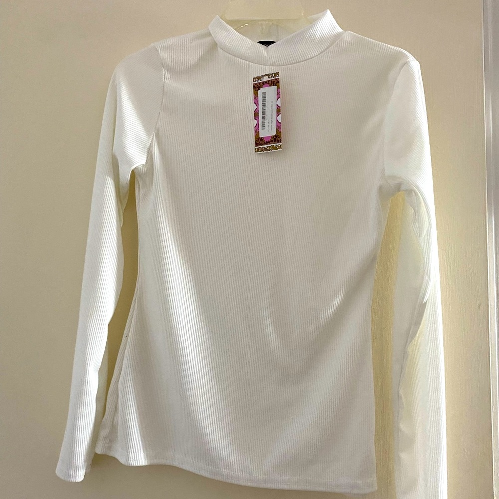 High neck ribbed long sleeve white shirt